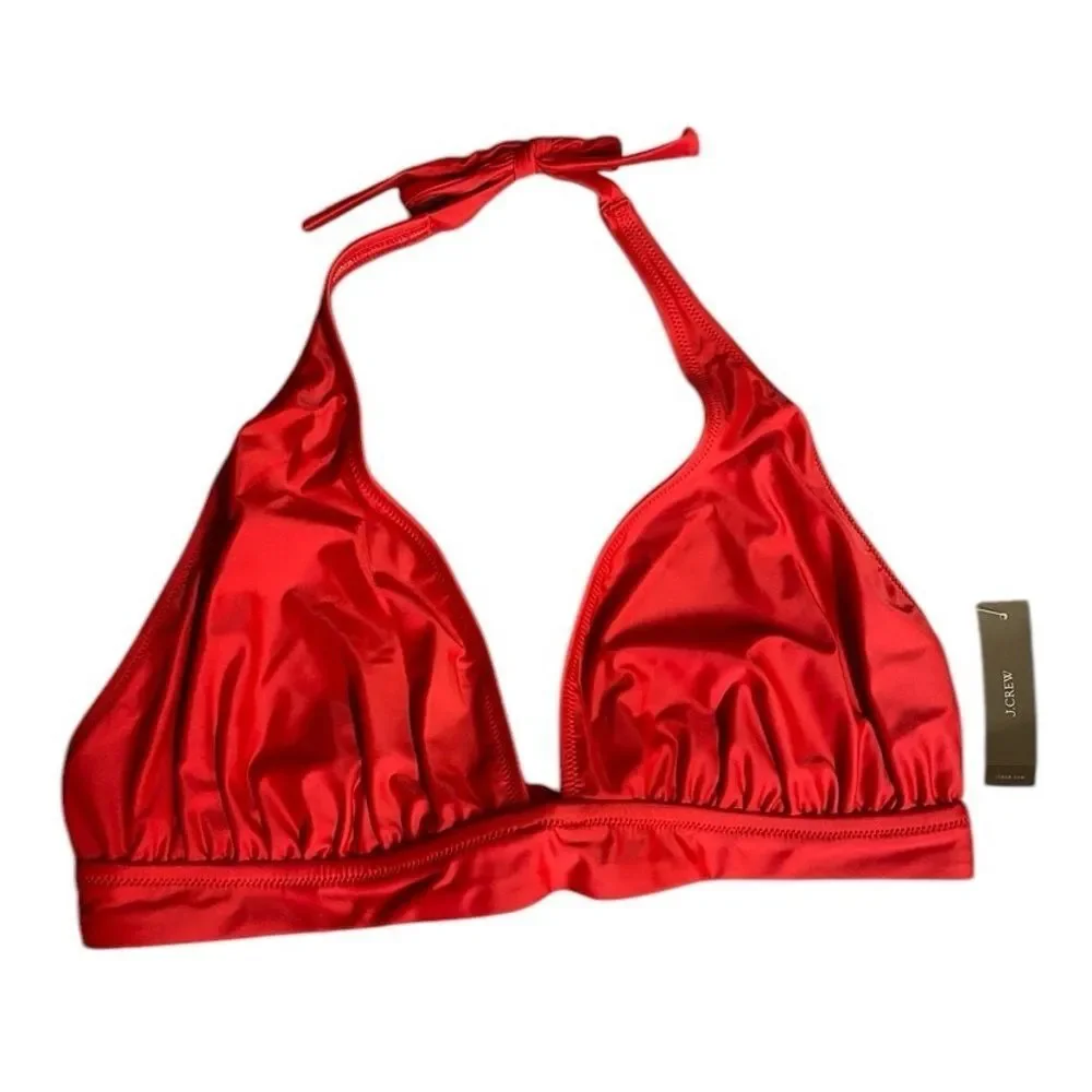 NEW J. Crew DD Halter Tie Back Bikini Top w/ Mesh V Neck Size XL Venetian Red